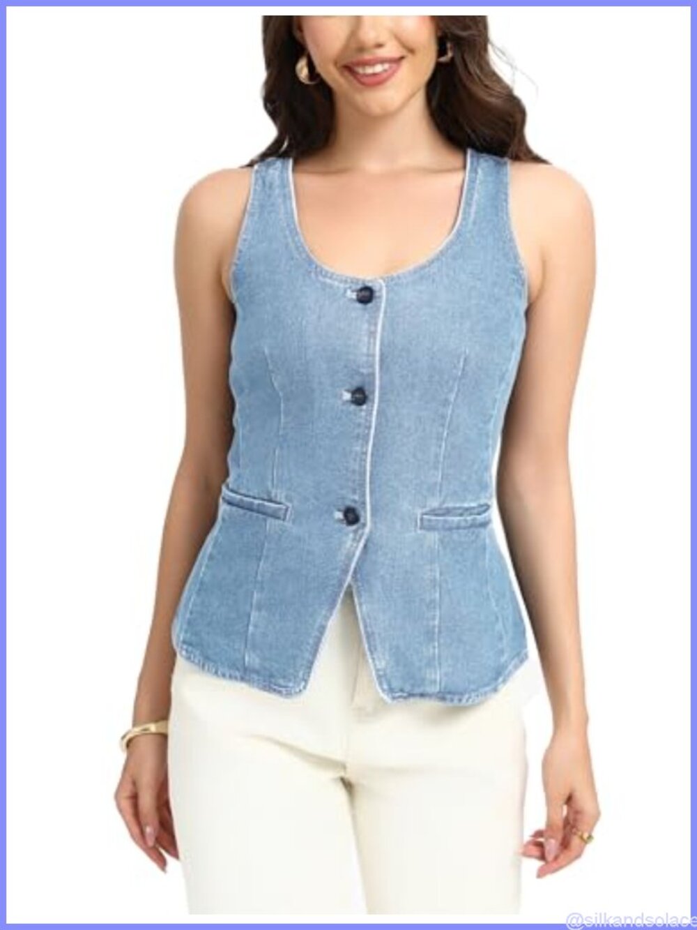 Women's Sleeveless Denim Vest Scoop Neck Button Down Jean Waistcoat with Pockets